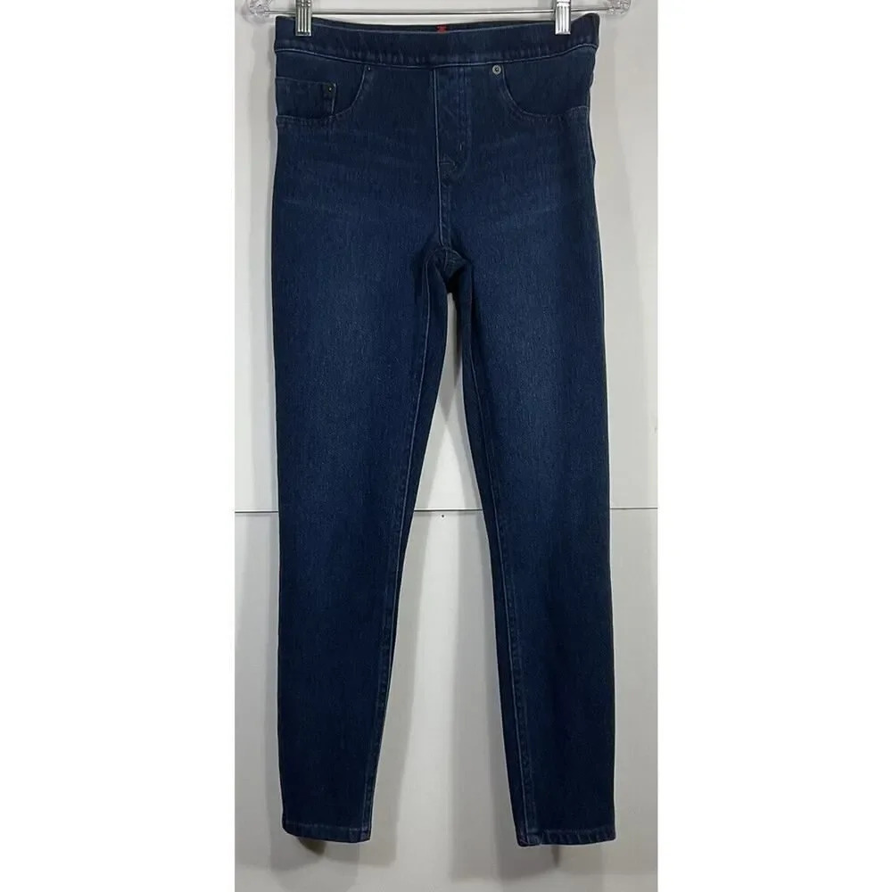 Spanx Ankle Skinny Jeans Mid Rise Pull On Midnight Blue Denim Women's Size M